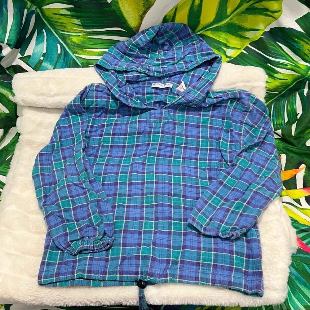 VINTAGE Christie Brooks Girls 14  Teal Purple Checkered Plaid Hooded School Top